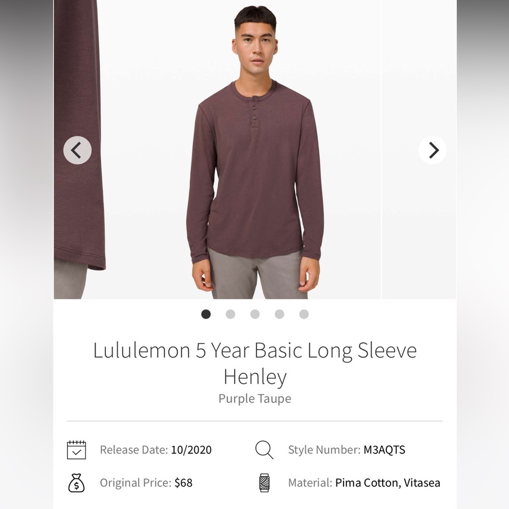 Lululemon 5 Year Basic Long Sleeve Henley Purple Taupe LARGE MSRP $68 M3AQTS